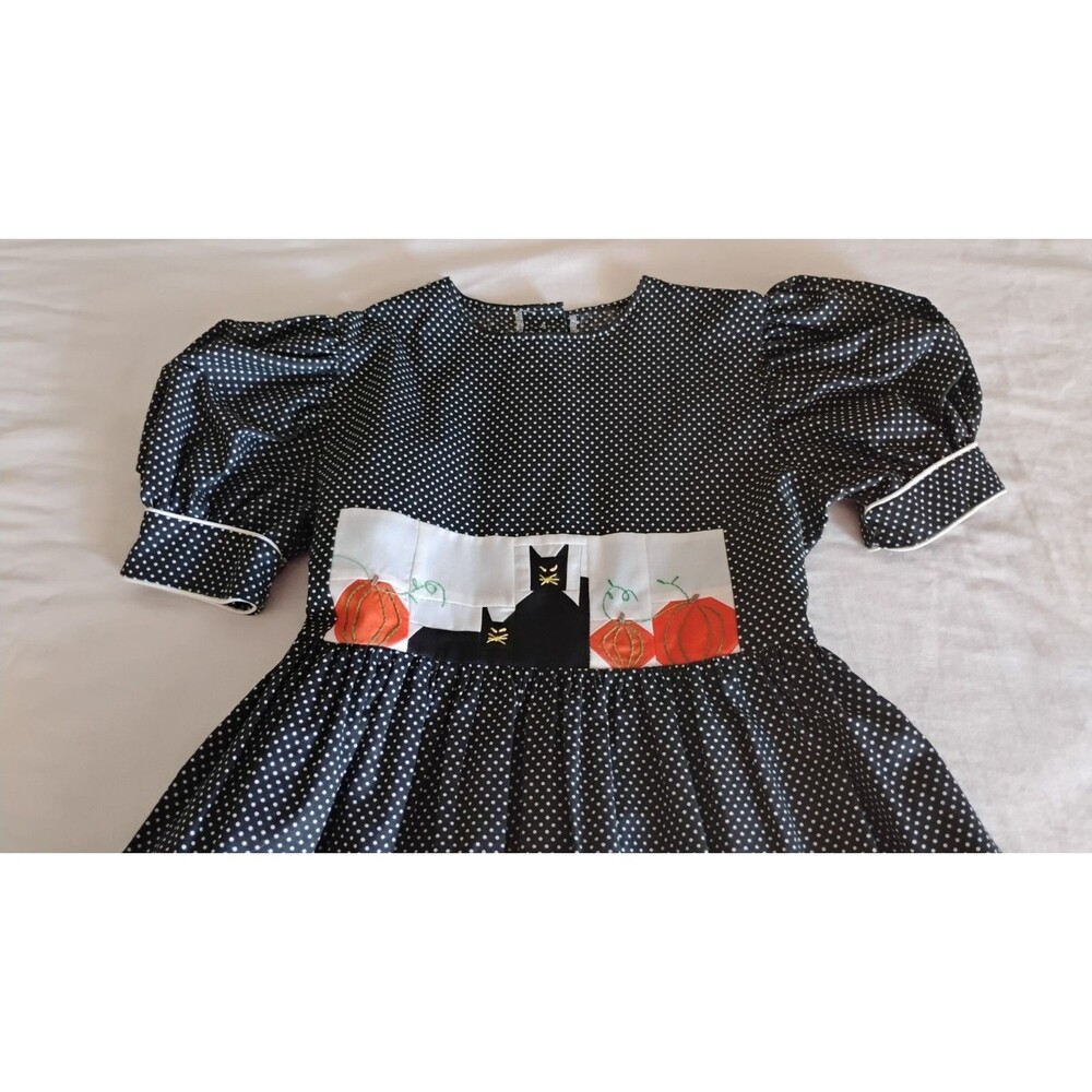 Quilted Black Cat Dress Pumpkin Polka Dot Halloween Sz 8 Handmade NWOT Midi